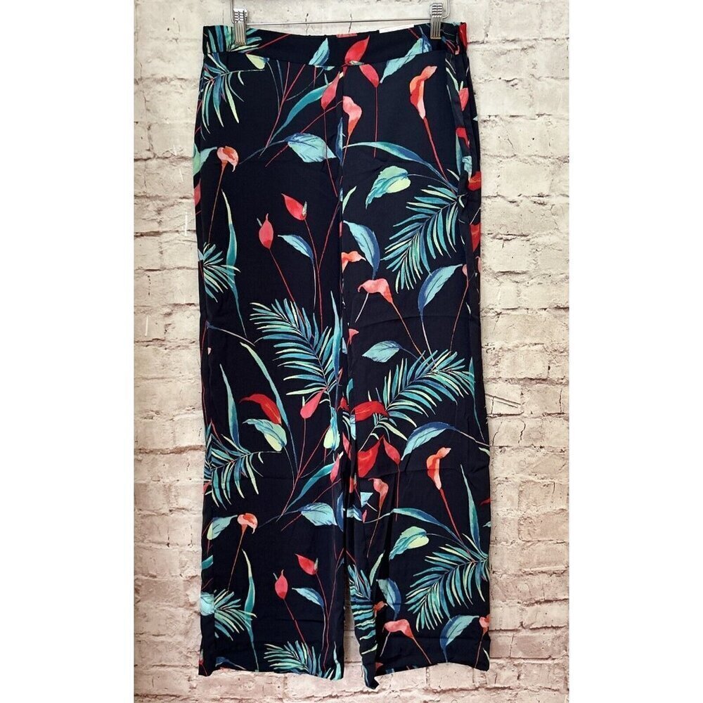 Liz Claiborne Womens Navy Blue Floral Wide Leg Pant Elastic Waist Size S NEW
